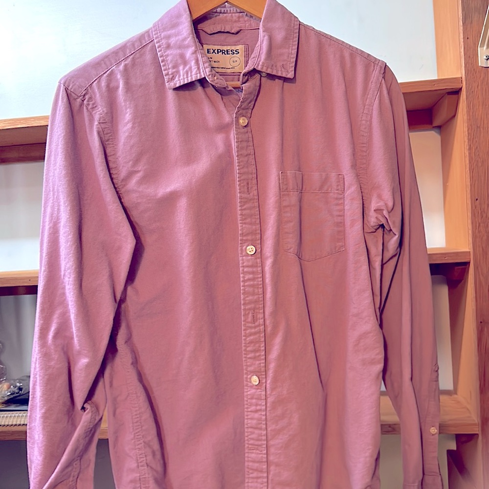 Express purple slim soft wash casual button down shirt, men’s small
